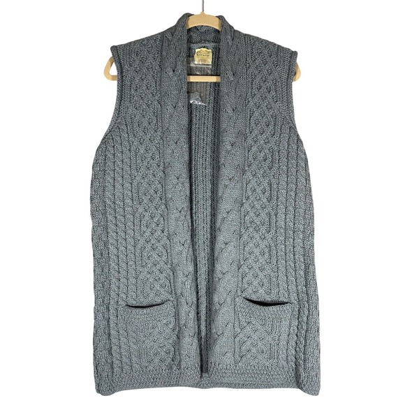 Kilronan Knitwear NWT 100% Merino Wool Cable Knit Sweater Vest Sz S Open Long - Picture 1 of 7